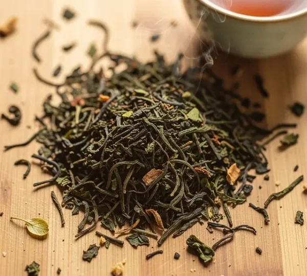 Feuilles de thé bio en vrac sur surface bois avec tasse fumante en arrière-plan