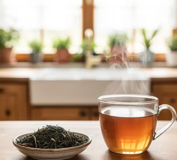 Thé bio en vrac dans un bol céramique avec tasse fumante, cuisine lumineuse