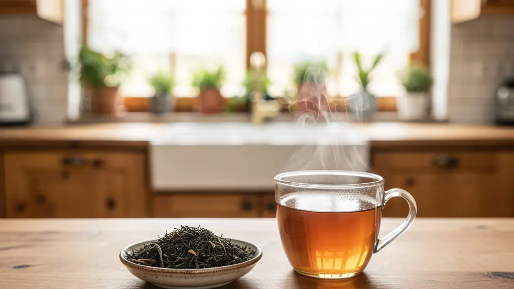 Thé bio en vrac dans un bol céramique avec tasse fumante, cuisine lumineuse