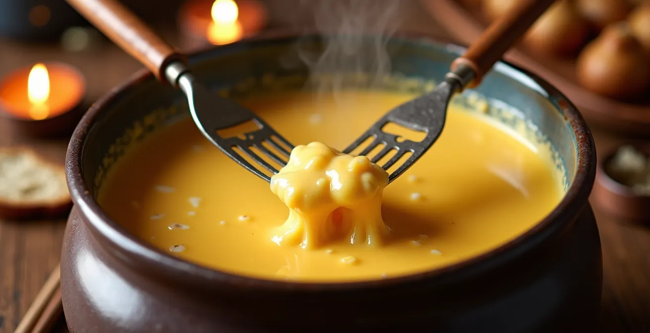 Gros plan sur un caquelon de fondue avec du fromage fondu et des fourchettes traditionnelles
