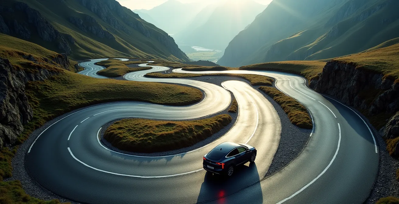 Vue en plongée d'une route de col suisse en lacets avec une voiture électrique en descente