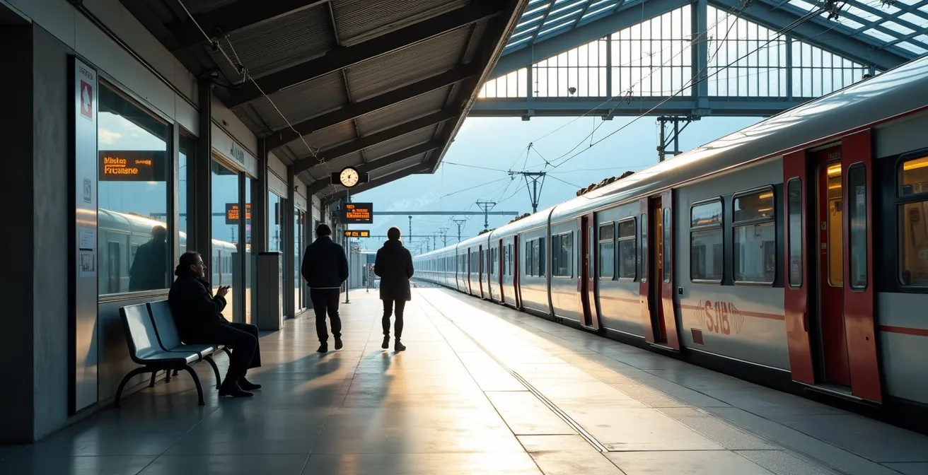 Quai de gare suisse presque vide en heure creuse avec un train moderne