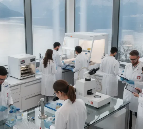 Vue plongeante moderne d'un laboratoire de biotechnologie en Suisse avec diversité de profils professionnels
