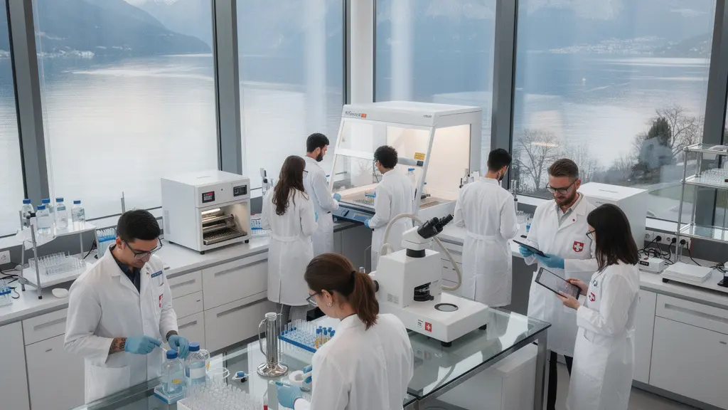 Vue plongeante moderne d'un laboratoire de biotechnologie en Suisse avec diversité de profils professionnels