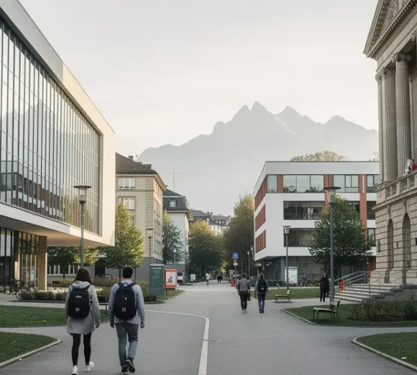 Carrefour piéton sur un campus suisse, avec deux chemins menant vers un bâtiment moderne et un bâtiment académique classique, symbolisant le choix HES vs université.