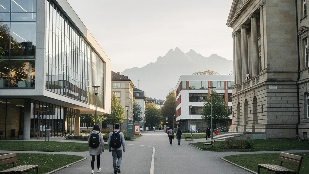 Carrefour piéton sur un campus suisse, avec deux chemins menant vers un bâtiment moderne et un bâtiment académique classique, symbolisant le choix HES vs université.