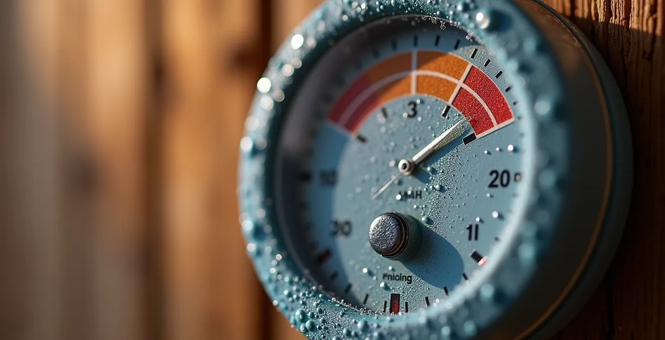 Gros plan sur un hygromètre numérique affichant 45% d'humidité dans un intérieur suisse