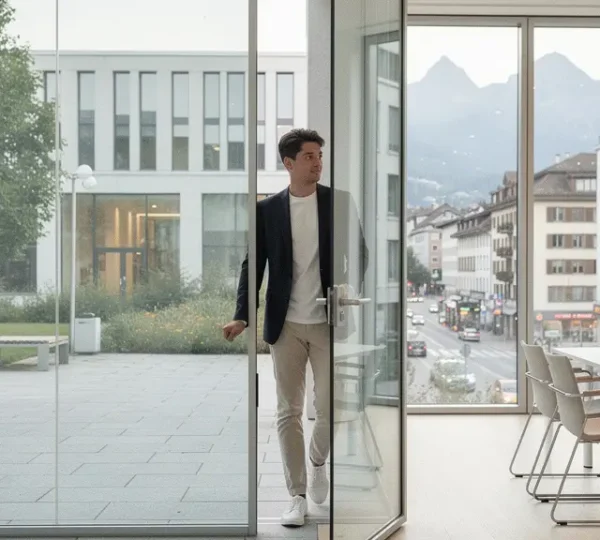 Jeune adulte quittant un campus et entrant dans un environnement de bureau suisse moderne, illustrant le passage du statut d’étudiant à celui de professionnel.