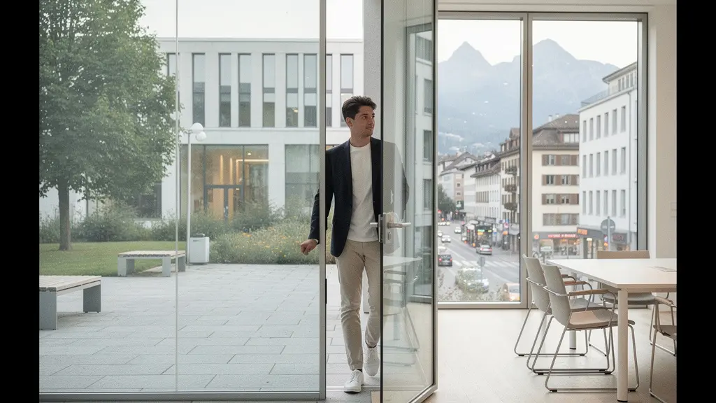Jeune adulte quittant un campus et entrant dans un environnement de bureau suisse moderne, illustrant le passage du statut d’étudiant à celui de professionnel.