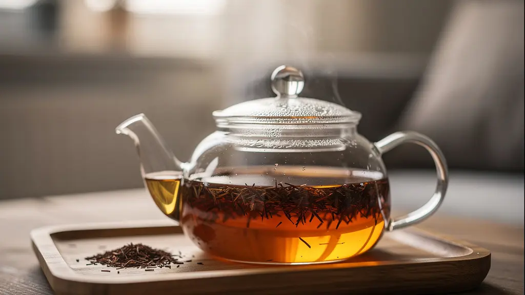 Infusion de rooibos bio dans théière en verre avec couleur ambrée caractéristique