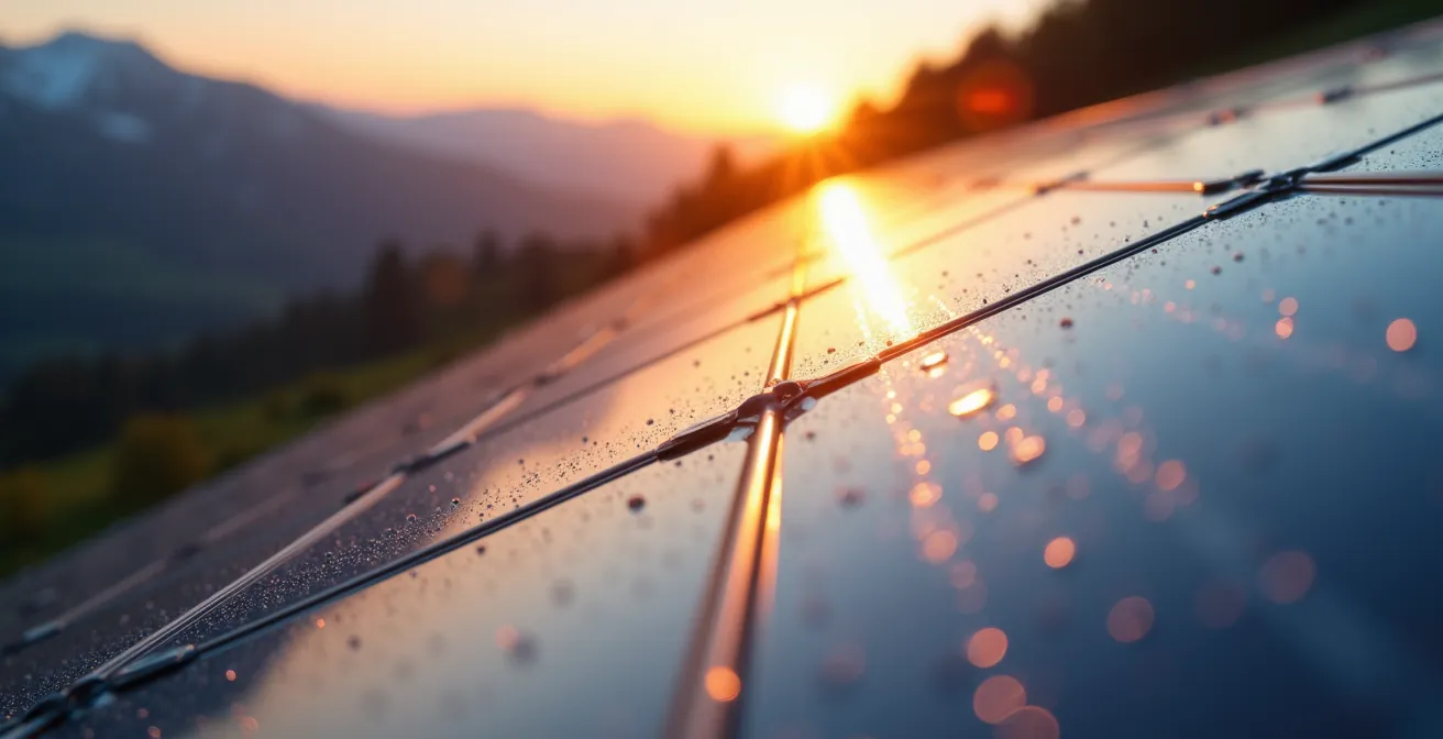 Vue macro détaillée de panneaux solaires avec reflets de lumière dorée au coucher du soleil