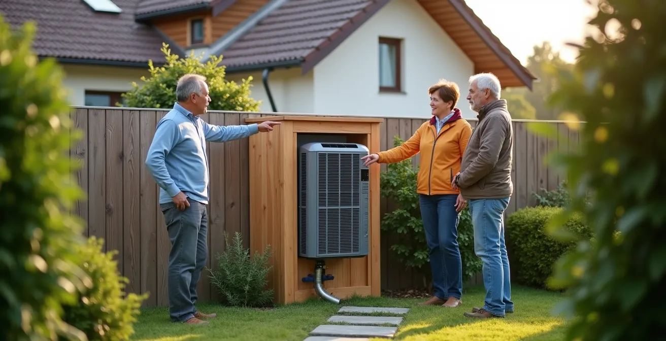 Pompe à chaleur avec caisson acoustique en bois installée dans un jardin résidentiel suisse