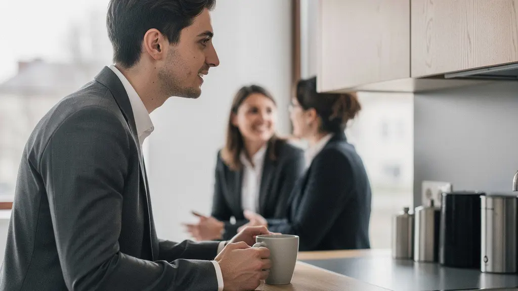 Stagiaire échangeant naturellement avec des collègues autour d’un espace café en entreprise, illustrant l’importance des codes relationnels et de la fiabilité en Suisse.