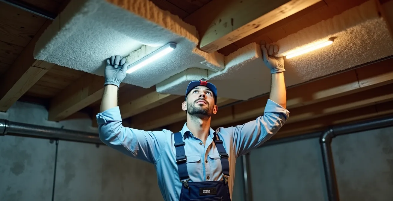 Vue en contre-plongée d'un plafond de cave avec isolation thermique en cours de pose