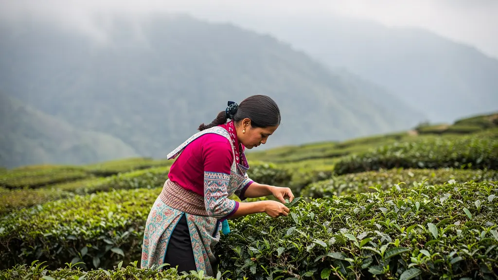 Cueilleuse de thé travaillant dans un jardin en altitude avec terrasses verdoyantes