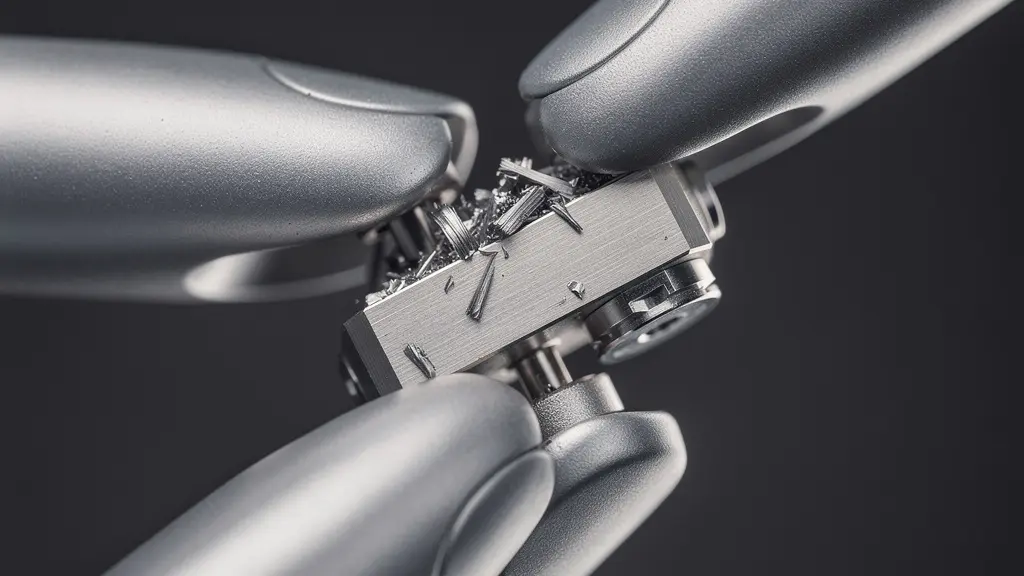 Gros plan macro d'une pince robotique manipulant une pièce métallique usinée, illustrant la spécialisation technique et le risque de dépendance à une technologie.