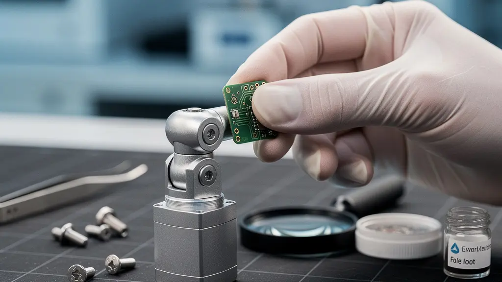 Gros plan sur les mains d'un ingénieur manipulant des composants robotiques miniaturisés dans un laboratoire de précision suisse