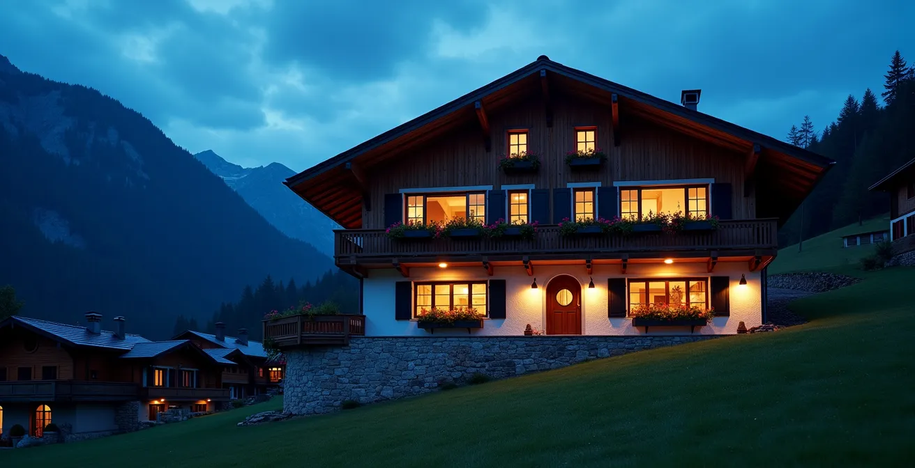 Vue extérieure d'une maison suisse au crépuscule avec éclairage automatisé créant une ambiance chaleureuse