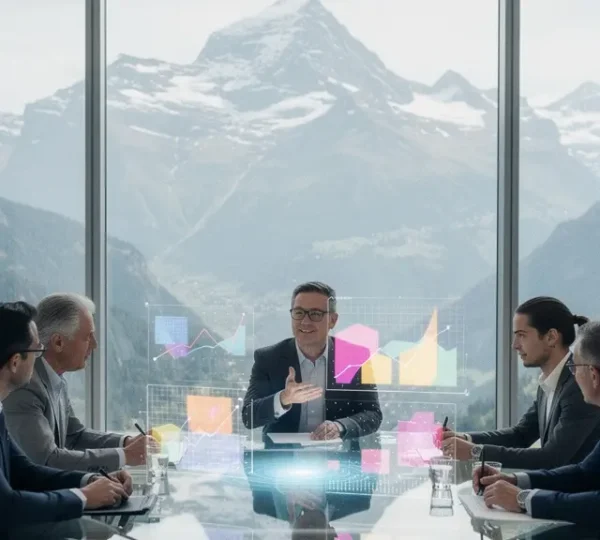 Vue panoramique sur le paysage économique suisse avec buildings modernes et montagnes en arrière-plan