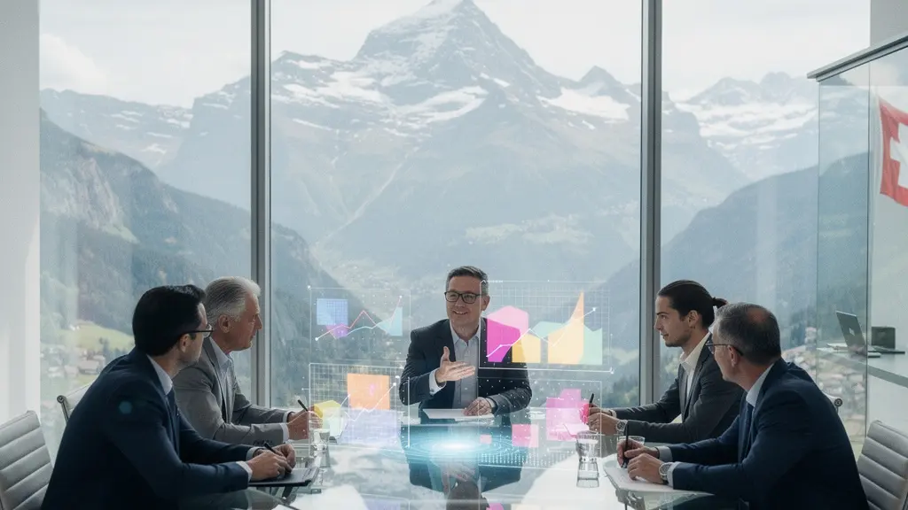 Vue panoramique sur le paysage économique suisse avec buildings modernes et montagnes en arrière-plan