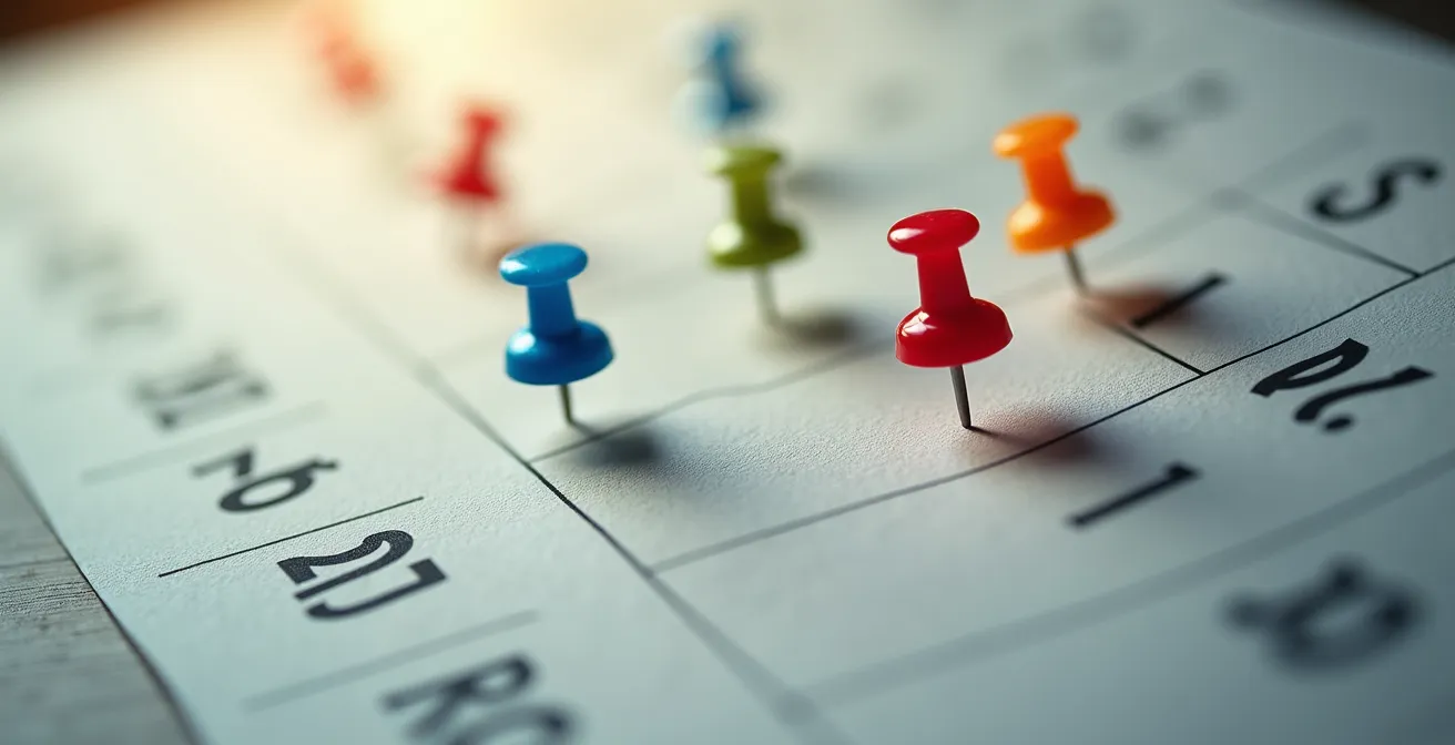 Vue macro d'un calendrier avec épingles colorées marquant les périodes optimales de vente