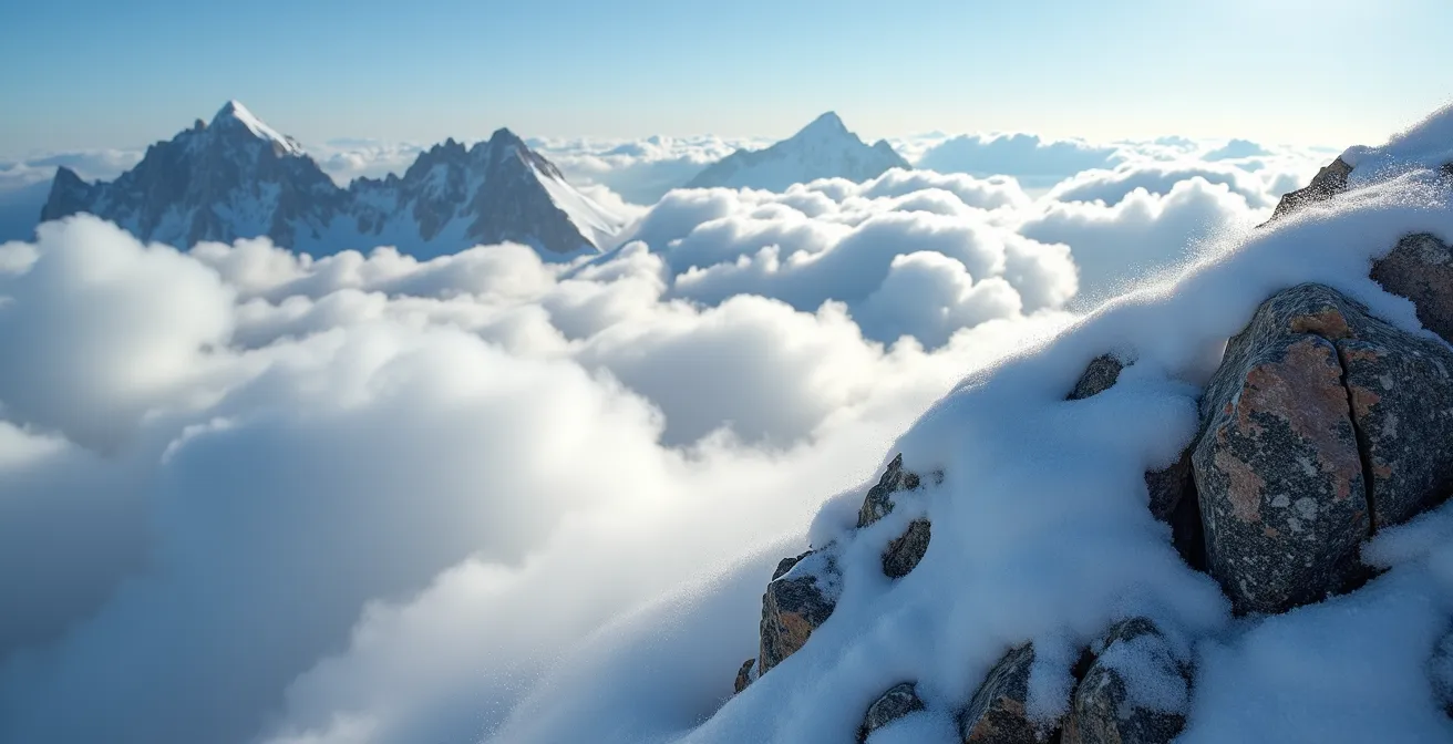Mer de nuages vue depuis un sommet alpin avec ciel bleu au-dessus