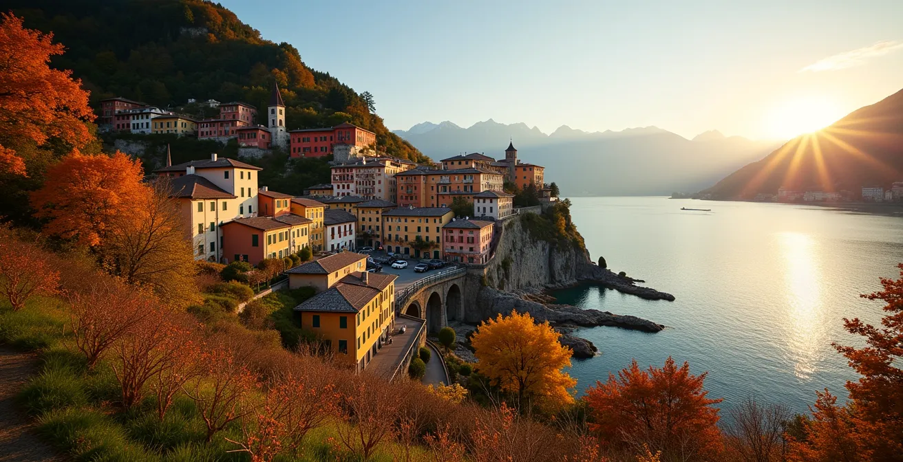 Vue panoramique de Morcote au Tessin en automne avec le lac et les montagnes en arrière-plan