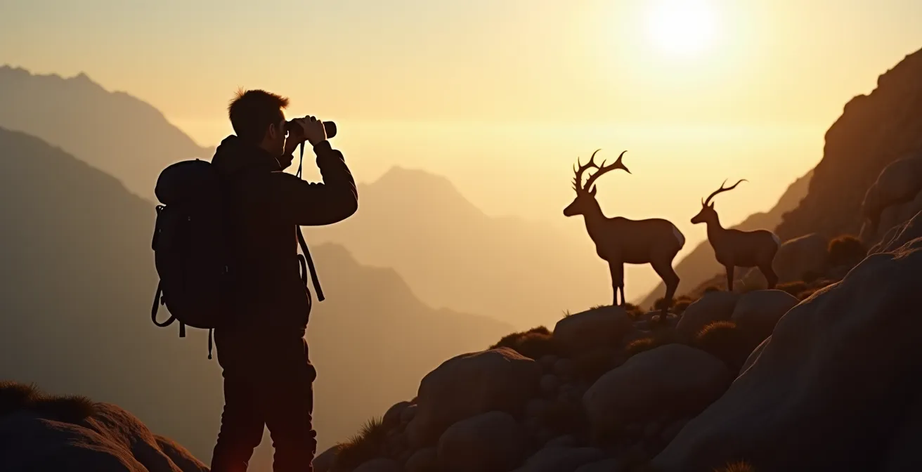 Randonneur observant aux jumelles un groupe de bouquetins sur une crête alpine à distance respectueuse