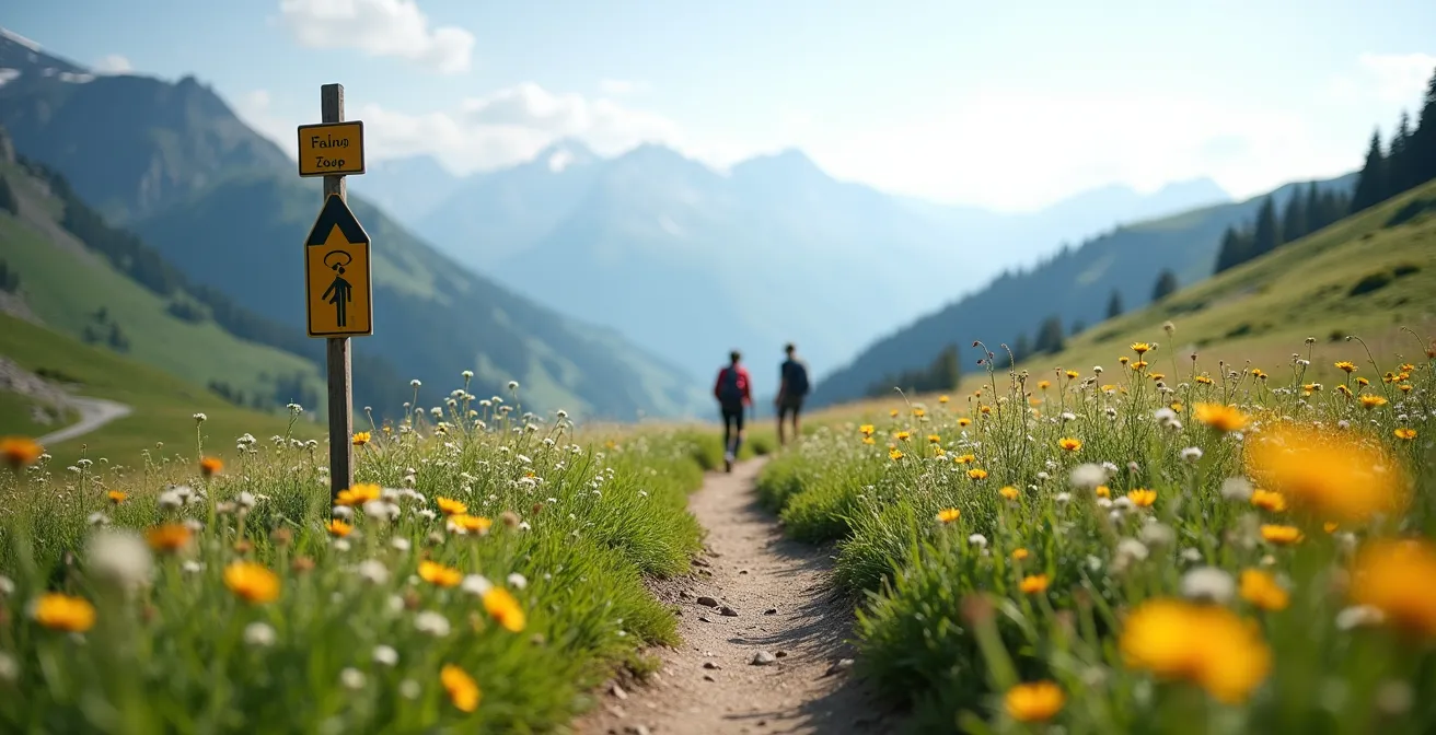 Sentier balisé traversant le Parc National Suisse avec vue sur les montagnes