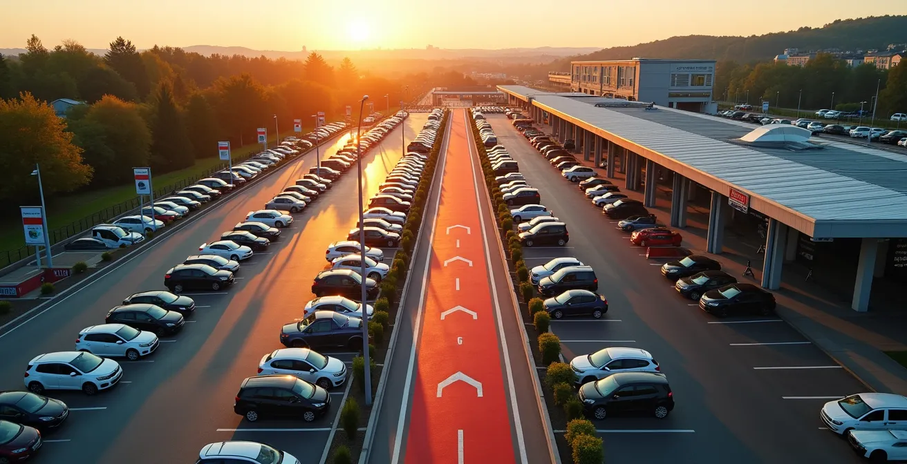 Vue aérienne d'un parking P+R près d'une gare suisse avec connexions multimodales visibles
