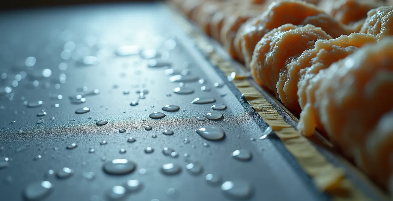 Détail technique de la pose correcte d'un pare-vapeur dans une construction en Suisse, montrant le chevauchement et le collage des lés.