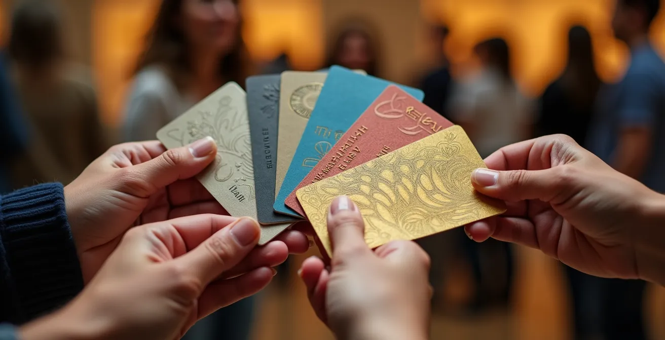 Mains tenant différentes cartes de musées suisses avec architecture muséale floue en arrière-plan