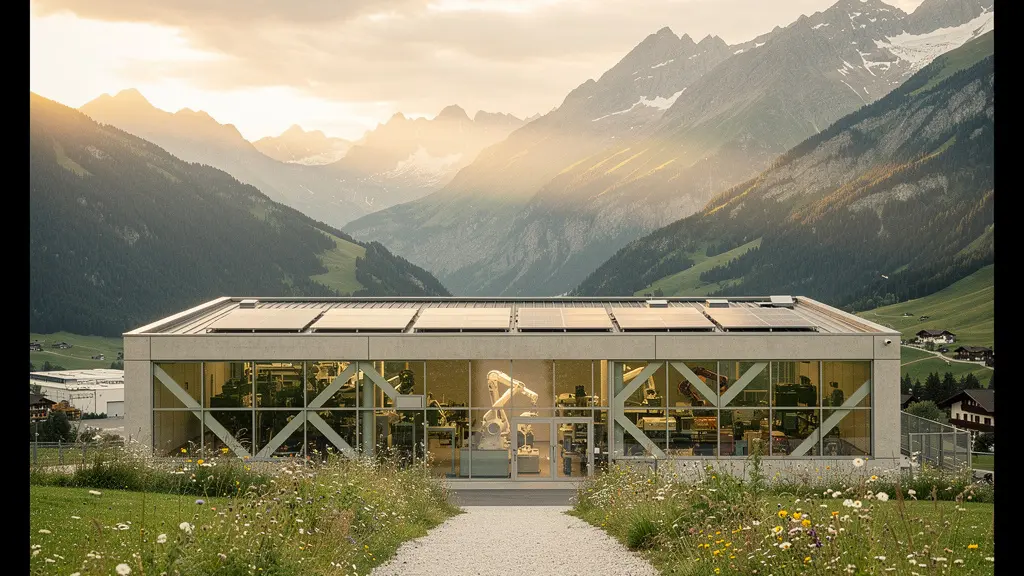 Vue panoramique d'une usine automatisée nichée dans une vallée suisse verdoyante, symbolisant la coexistence industrie et nature