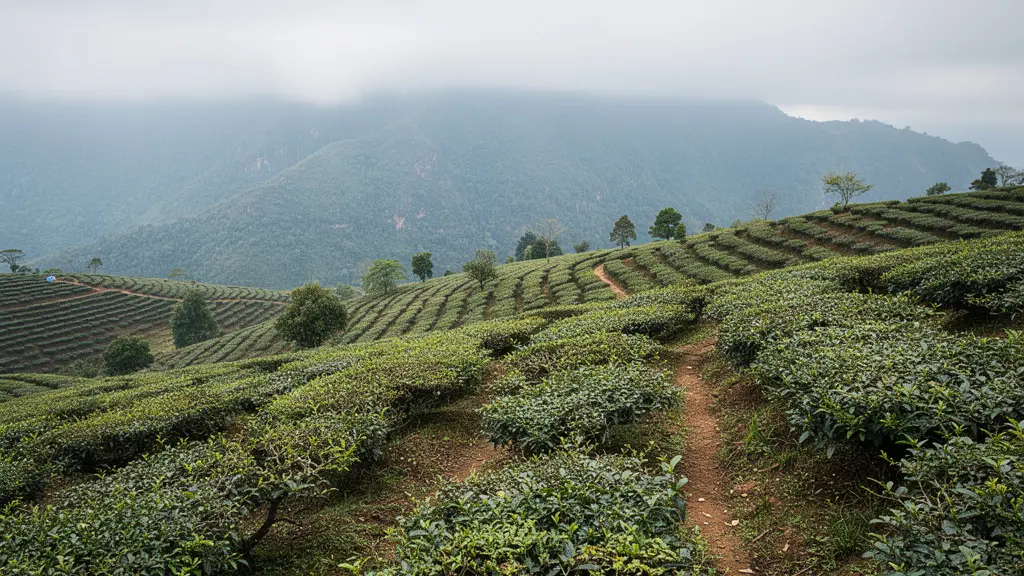 Plantation de thé biologique avec rangées verdoyantes et montagne en arrière-plan