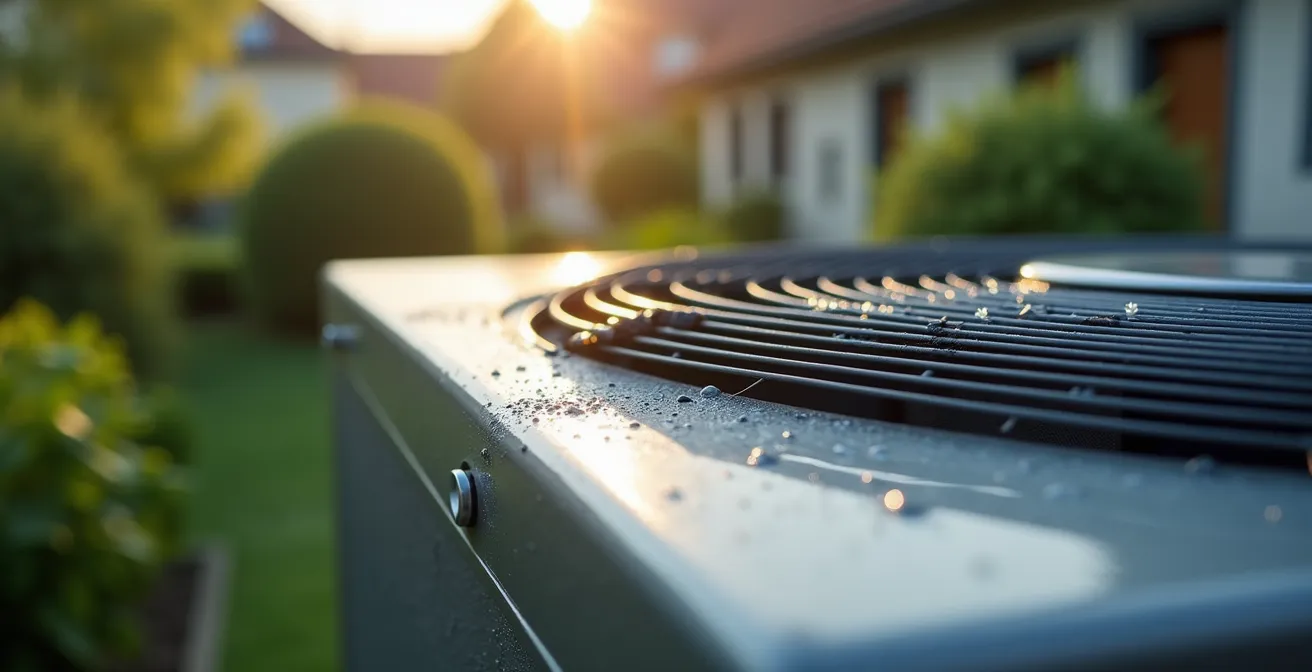 Installation moderne de pompe à chaleur dans un jardin de maison suisse avec aménagement paysager