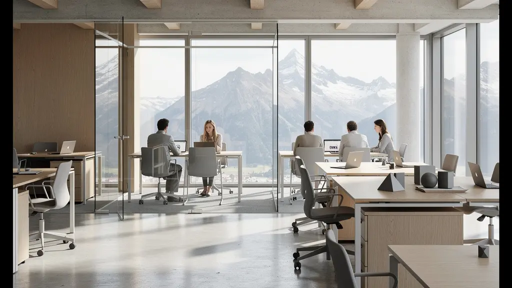 Vue d'un espace de travail moderne en Suisse avec des professionnels en réunion collaborative