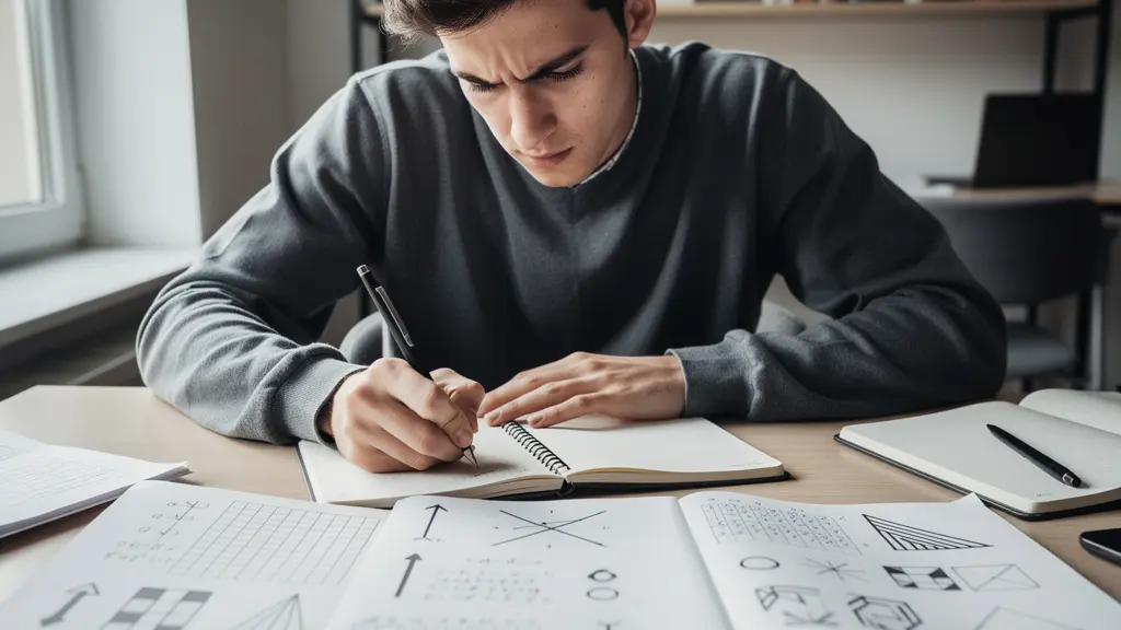 Étudiant travaillant sur des équations d'algèbre linéaire avec des manuels et cahiers d'exercices