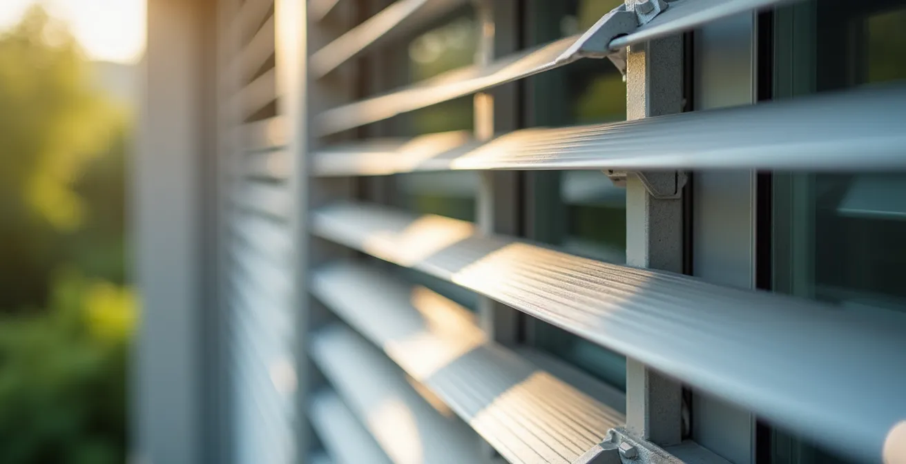 Système de brise-soleil orientables sur façade de villa Minergie en Suisse