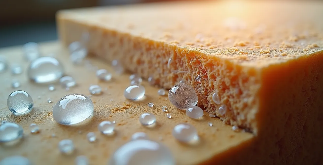 Coupe transversale d'un mur montrant la migration de l'humidité à travers la fibre de bois