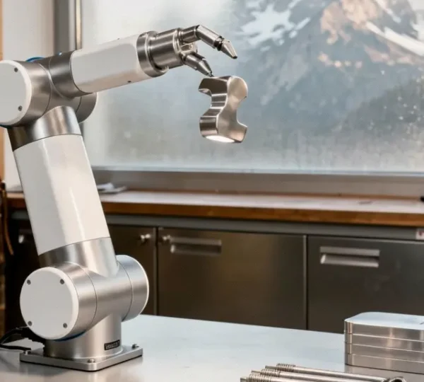 Bras robotique collaboratif dans un atelier de précision suisse avec montagnes visibles à travers une baie vitrée industrielle