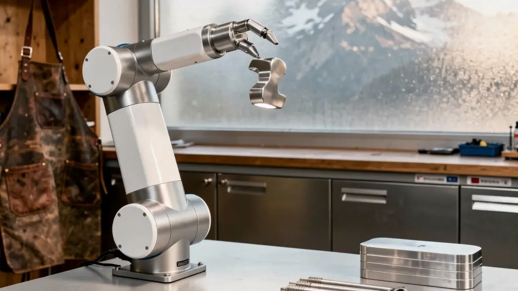 Bras robotique collaboratif dans un atelier de précision suisse avec montagnes visibles à travers une baie vitrée industrielle