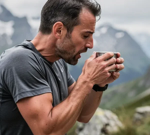 Sportif en tenue de running savourant une boisson chaude fumante après l'effort
