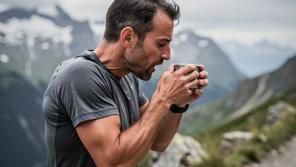 Sportif en tenue de running savourant une boisson chaude fumante après l'effort