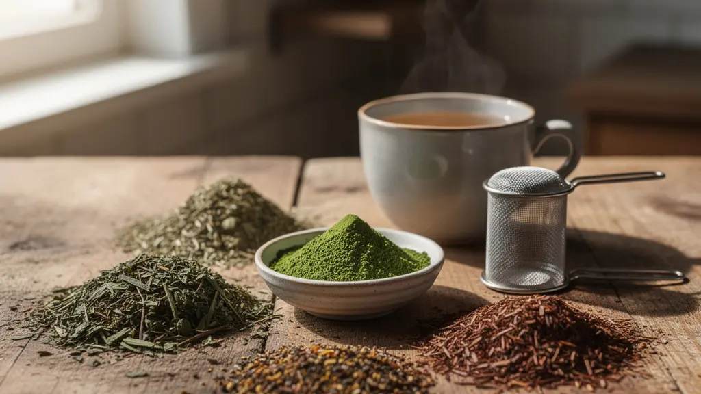 Variétés de thés bio disposées sur une surface en bois avec tasse fumante