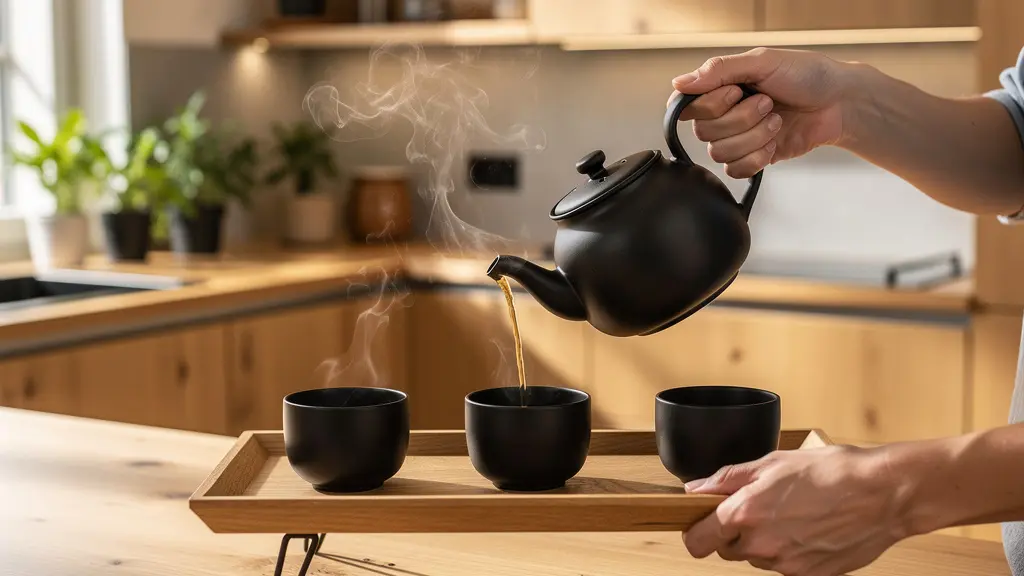 Service de thé dans un intérieur suisse moderne avec théière en fonte et vapeur visible