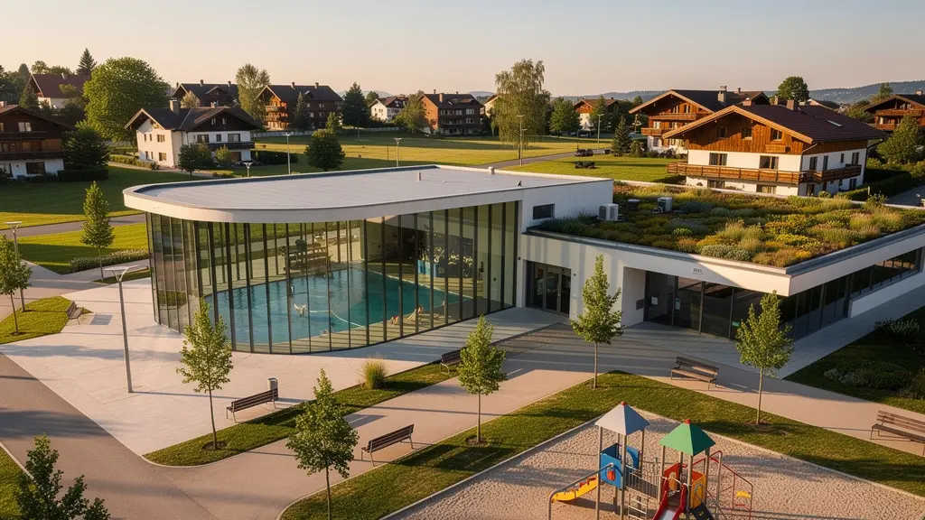 Vue aérienne d'infrastructures communales suisses valorisant les impôts locaux