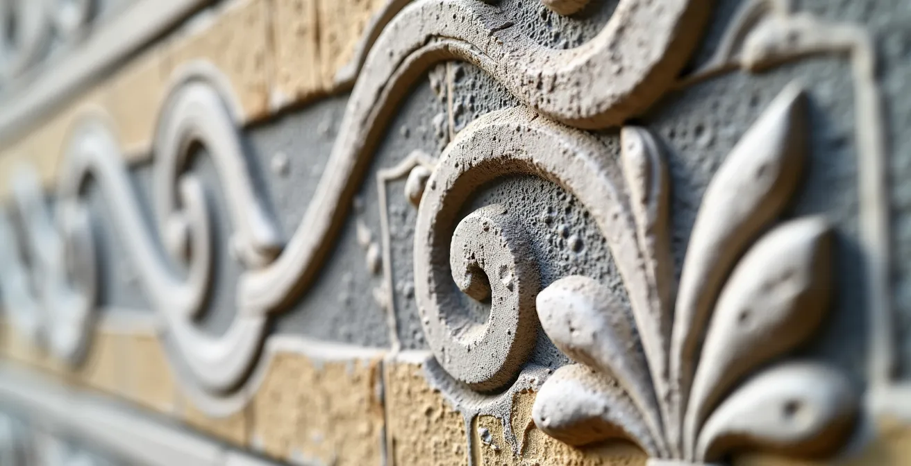 Détail des sgraffites sur une façade traditionnelle d'Engadine montrant les motifs géométriques et symboliques