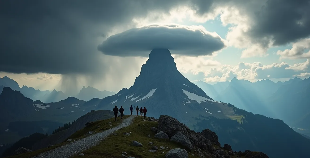 Formation de nuages d'orage typiques au-dessus d'un sommet alpin avec effet de foehn