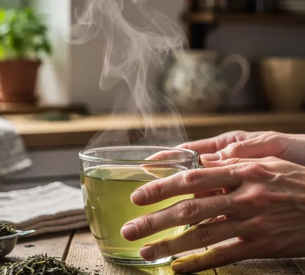 Tasse de thé bio fumante sur table en bois avec feuilles de thé entières