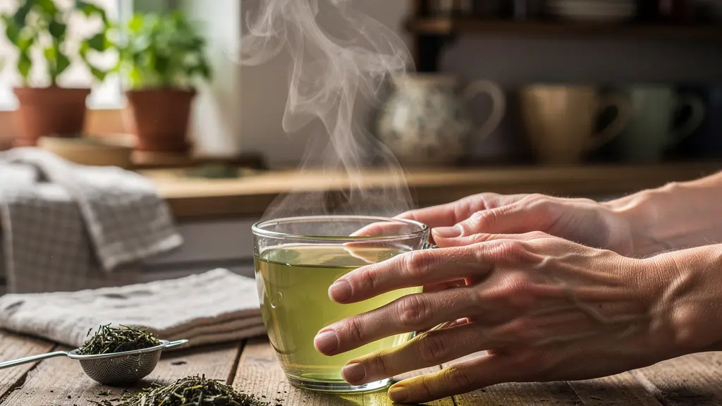 Tasse de thé bio fumante sur table en bois avec feuilles de thé entières